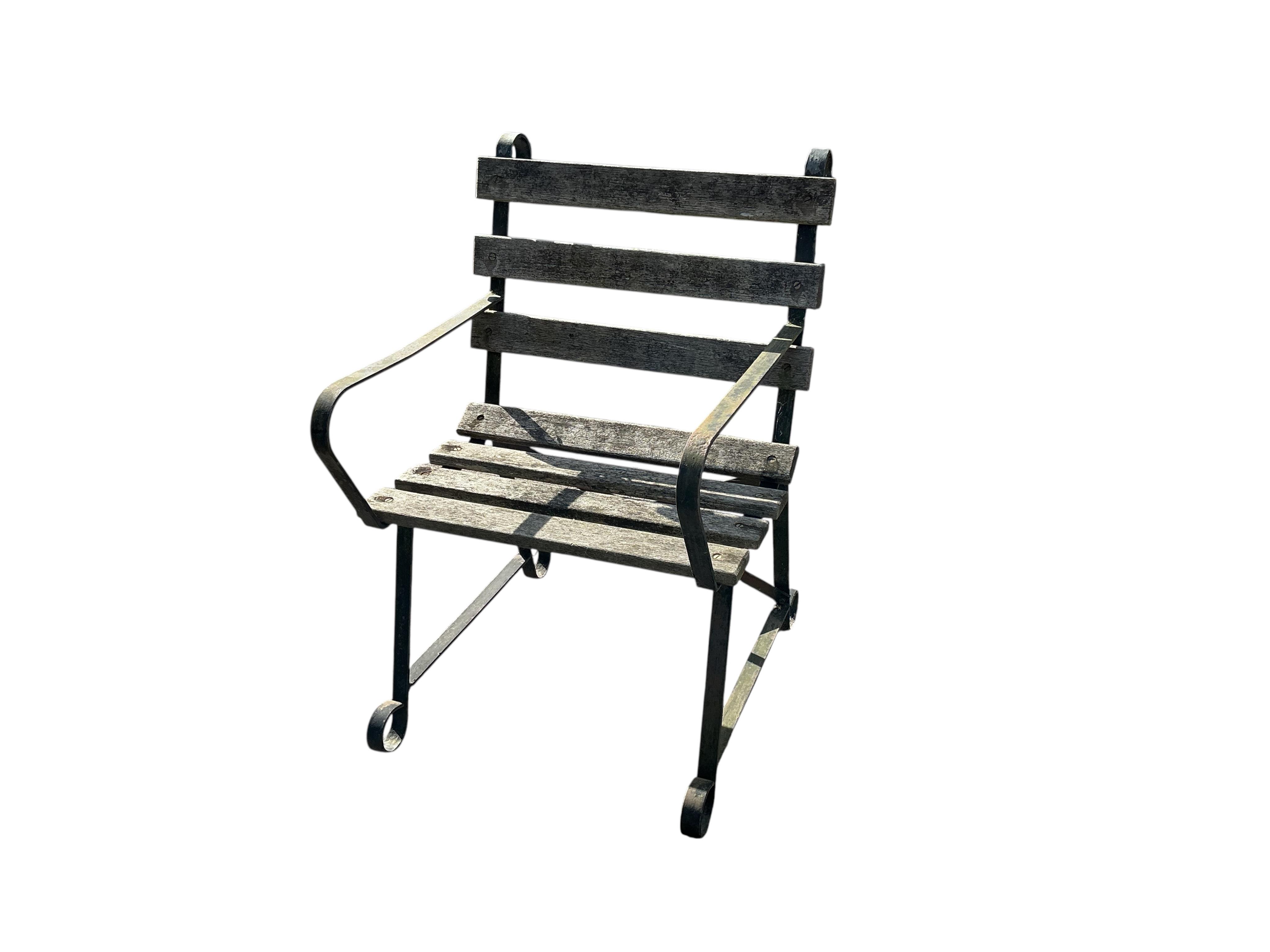 Five slatted wrought iron garden chairs, width 60cm, depth 63cm, height 90cm